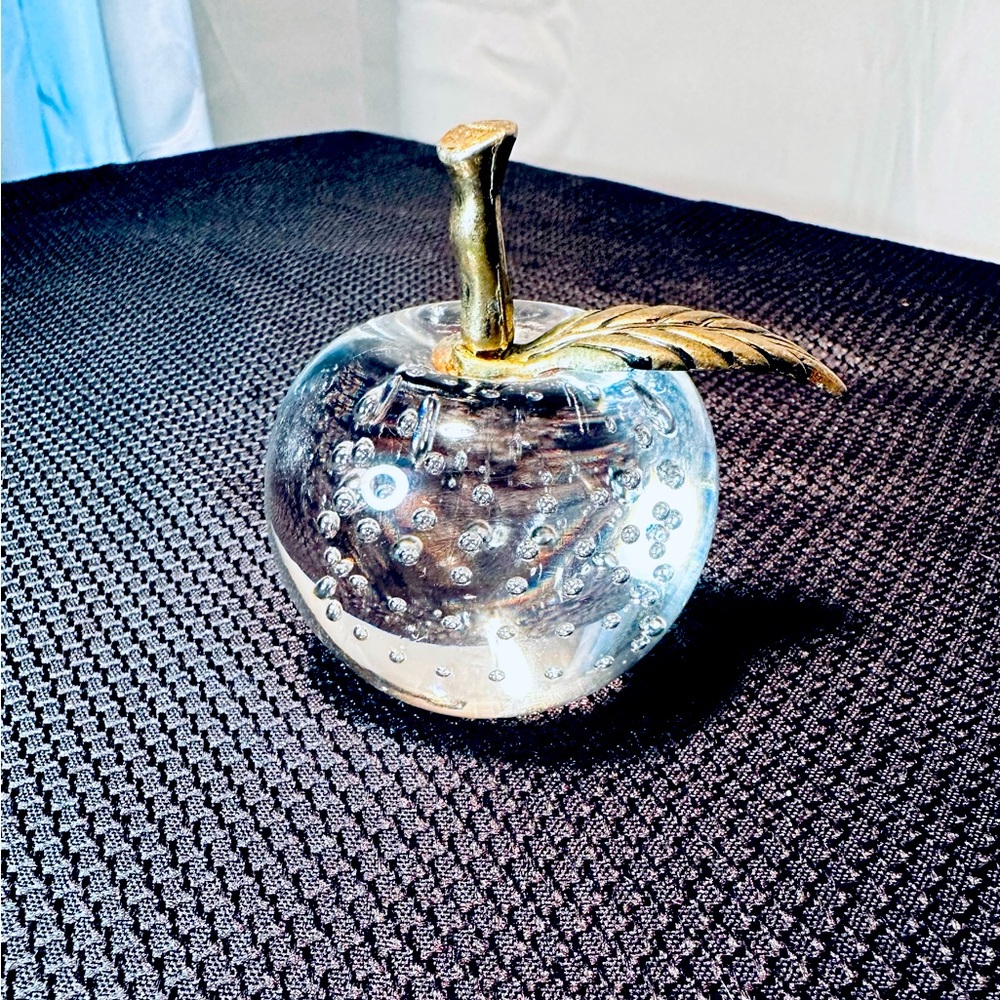 VTG. Clear Apple, Art Glass, Paperweight, Brass Leaf Stem, Controlled Bubbles